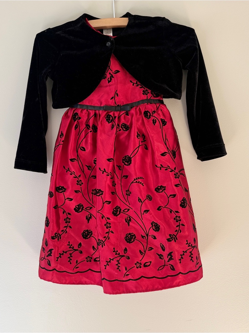 George girls 4T red black and floral dress with polyester velvet feel shrug